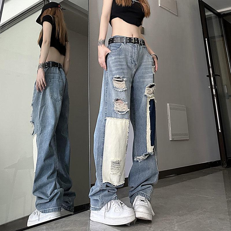 Quần Phong Cách Rung Cảm Mỹ Thương Hiệu Thời Trang Đường Phố Cao Cấp Quần Bò Rách Vá Quần Ống Đứng Mùa Hè Cho Nam Năm 2024 quần cạp trể