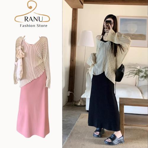 Set áo len choàng dáng rộng freesize & váy hai dây dáng dài vải bozip co dãn 4 chiều siêu cá tính hiện đại RANU Top Nữ