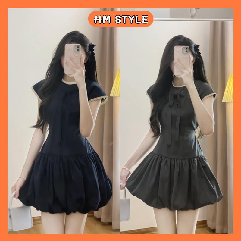 Váy bí đính nơ phối ren dáng ngắn dây buộc eo kèm quần bảo hộ rời,đầm dáng bí tiểu thư HB802