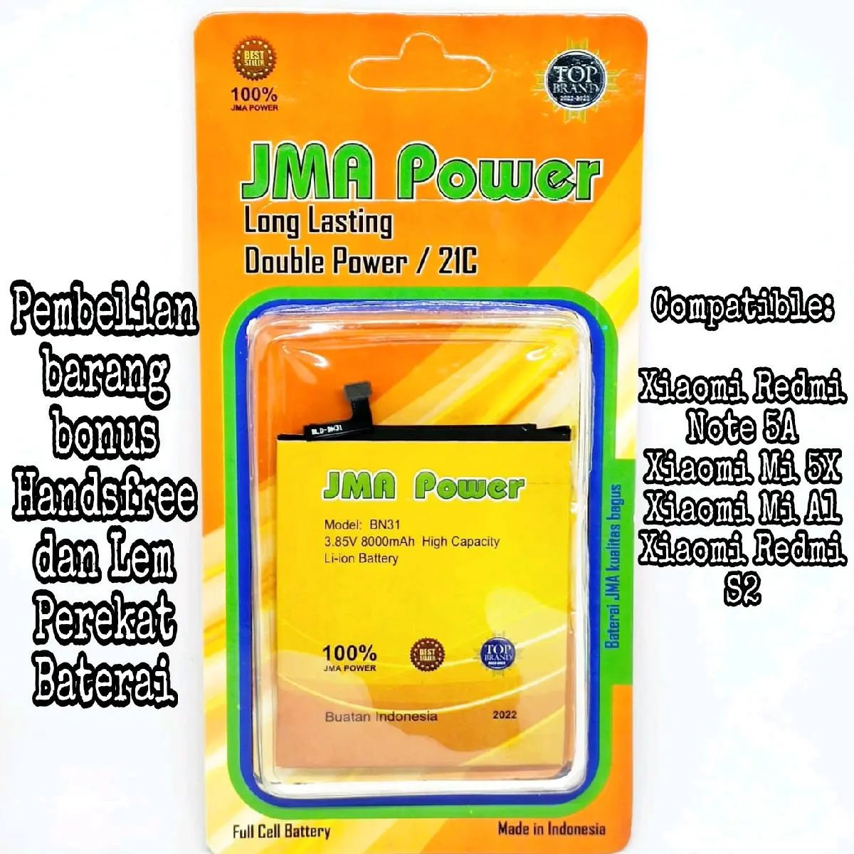 Baterai JMA Power Double Power Original For Xiaomi BN31 Redmi Note 5A| Mi 5X| Mi A1| Redmi S2 battery 8000 mAh Bonus Handsfree dan Lem Perekat Baterai