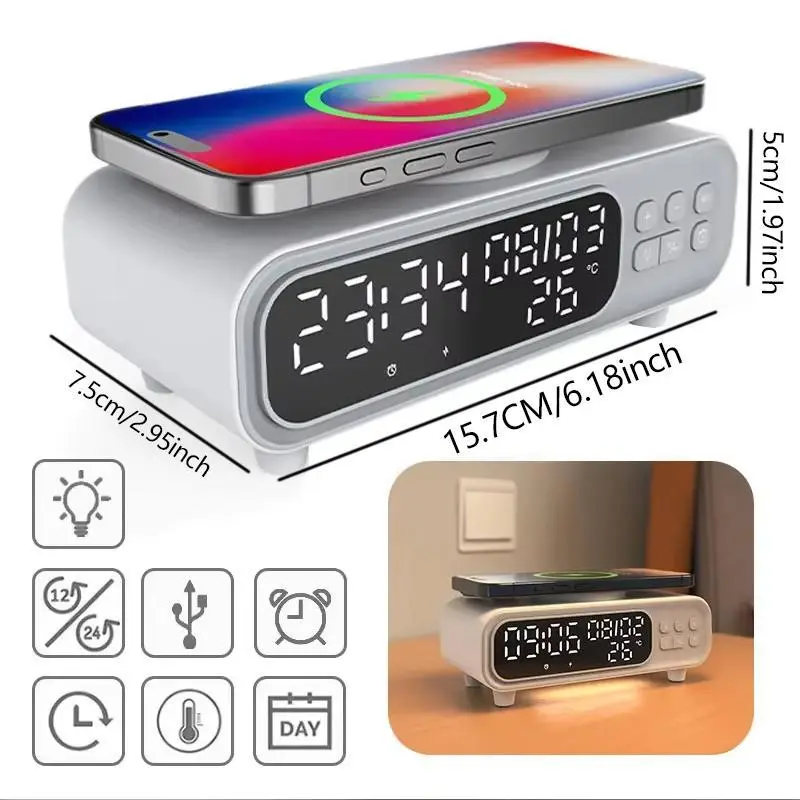 15W Wireless Charger with Time Display, LED Night Light Alarm Clock Wireless Charger, Fast Charging Station for iPhone 1
