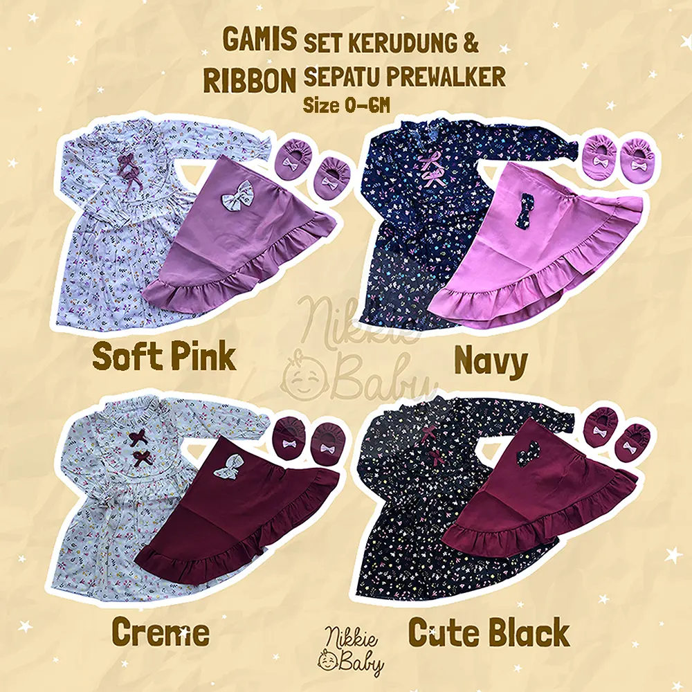 Gamis Bayi Katun Jepang Newborn 0 6 12 bulan Ribbon Nyaman Baru Lahir Baju Jilbab Kerudung Motif Muslim Ruffle