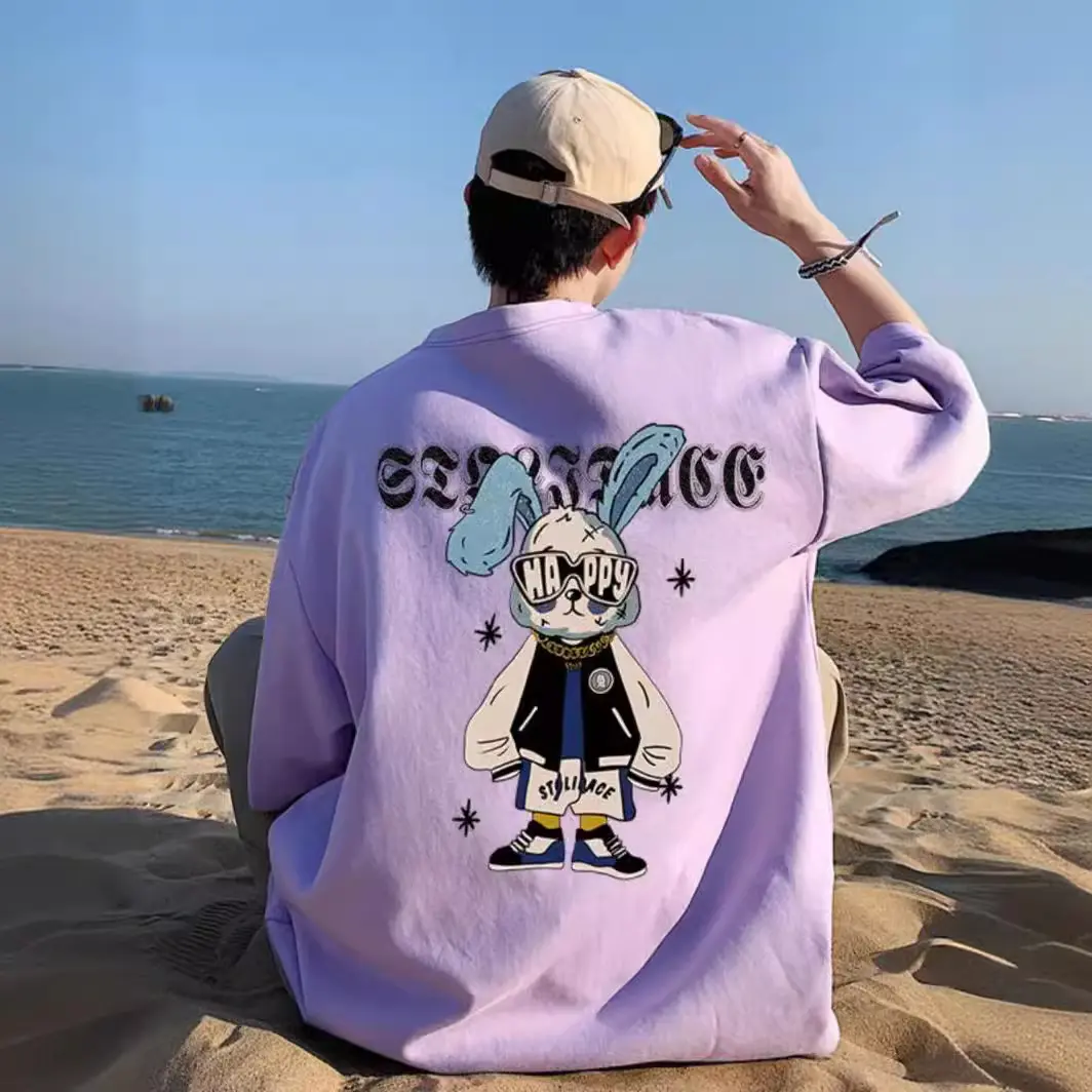 Pure Cotton Short Sleeve T-Shirt for Men, Summer High Street American Style Rabbit Print Half Sleeve Loose Oversize Design T-Shirt