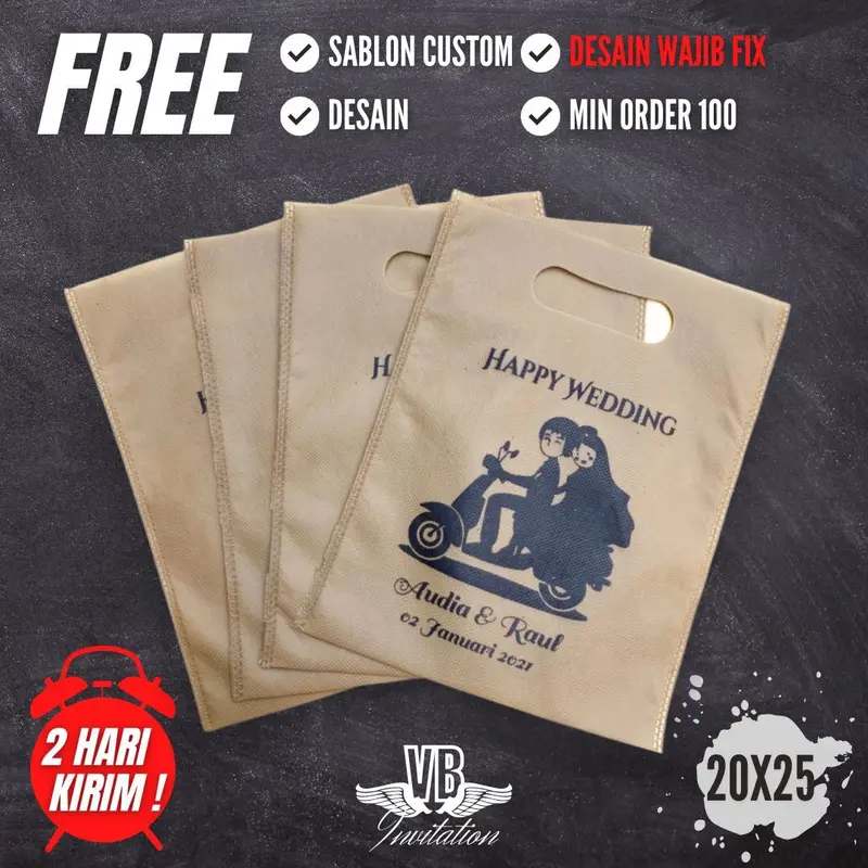 ( Isi 100 Biji ) Tas Spunbond Souvenir Acara Wedding Gratis Custom Nama | FOP 20.25 0