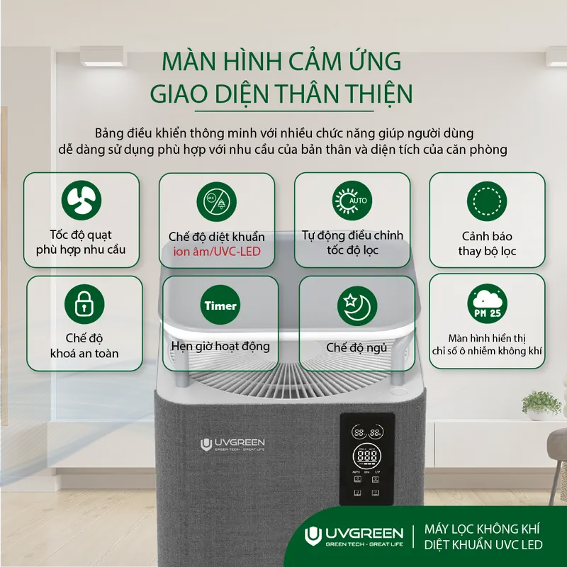 [UVG] [TẶNG LỌC] Combo 2 Máy Lọc Không Khí Diệt Khuẩn UVGREEN KA800-TH 80m2 - Công Nghệ UVC LED và Ion âm, Lõi HEPA H13 Lọc Sạch Bụi Mịn, Mùi Hôi, Khói, Lông Tóc - Bảo hành chính hãng 24 tháng. 2
