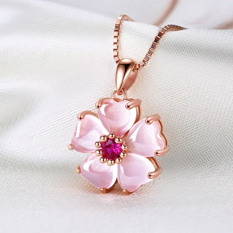 Elegant Collarbone Chain Copper Silver Plated Necklace Sweet Heart Pink Crystal Pendant Women Natural Rosewood Stone Rose Gold Plated Jewelry