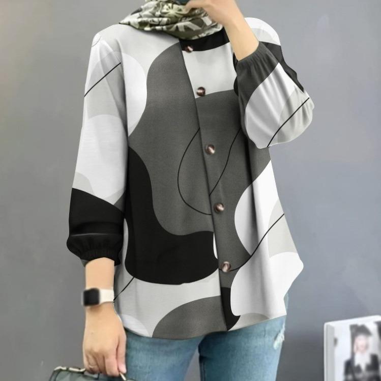 Female Top Women's Muslim Floral Shirt Robe Fashion Puff Sleeve Shirt 1
