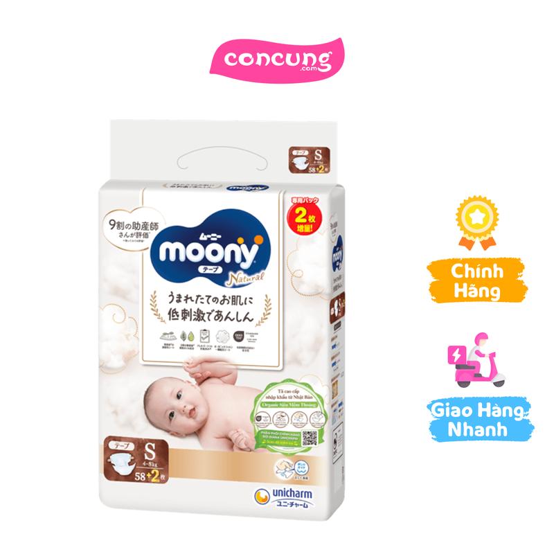 Tã dán Moony Natural size S, 58 miếng + 2 miếng