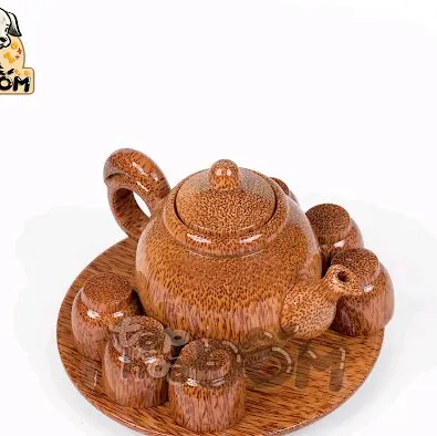 [Mỹ nghệ Đốm] Bộ bình trà Gỗ Dừa (mẫu dĩa tròn) hàng cao cấp