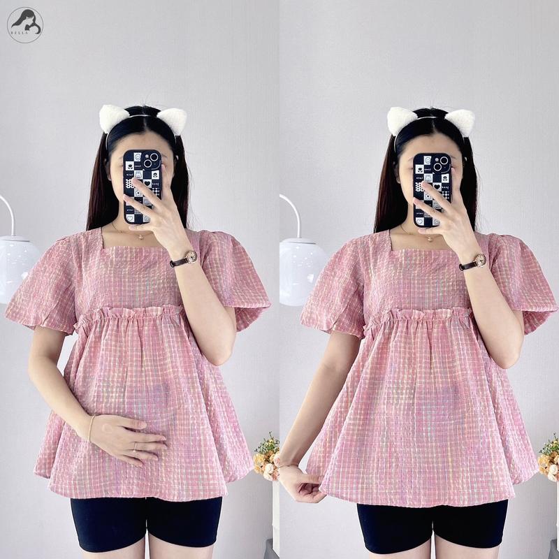 [BEST SELLER] ( 50 - 95kg ) Áo Bầu Caro Cổ Vuông Tay Phồng Nhún Eo Nơ Sau Lưng Mặc Đi Làm, Đi Chơi Chất Mát