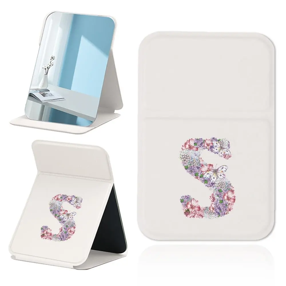 Letter Pattern Foldable Desktop Makeup Mirror, 1 Count Portable Handheld Cosmetic Mirror with Stand, Leather Cover Girls Beauty Tool, Travel Accessories