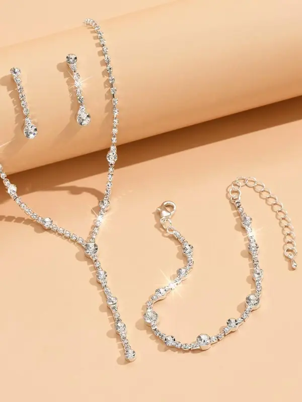 Women's Elegant Rhinestone Decor Pendant Necklace & Dangle Earrings & Bracelet, Exquisite Trendy Jewelry Set, Fashion Accessories 2