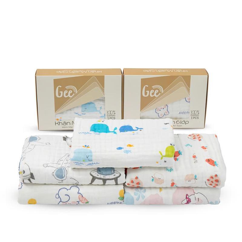 Hộp 1 Khăn Tắm Muslin GEE 6 Lớp Hoạ Tiết Chất Vải Cotton Hữu Cơ Thấm Hút Tốt, Cao Cấp Và Mềm Mại Size 110x100cm Cho Bé
