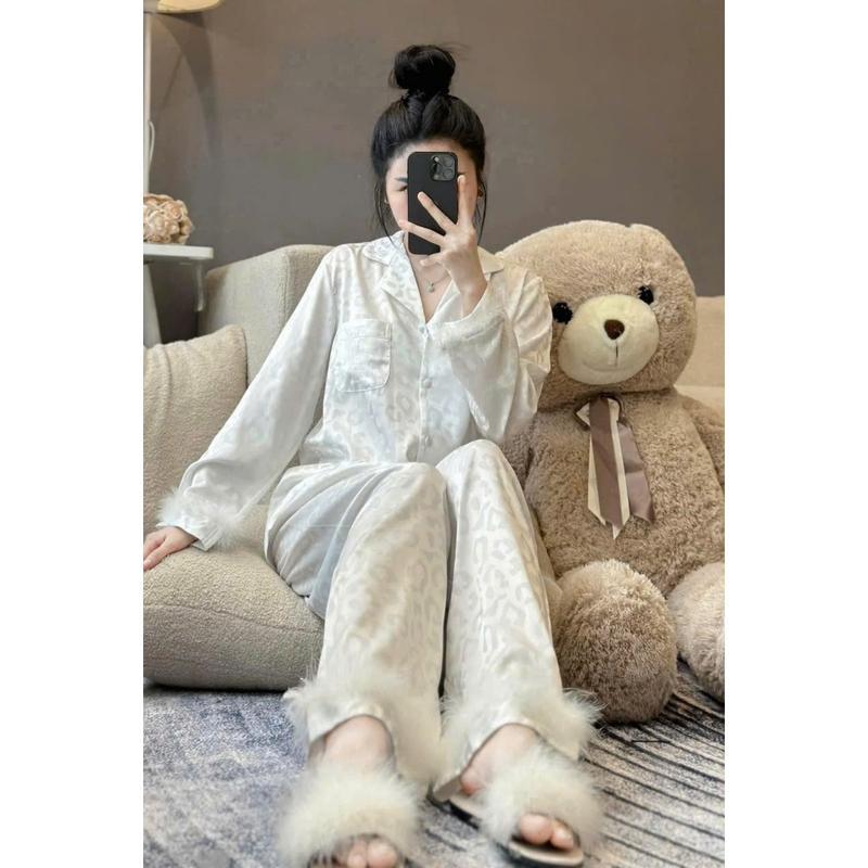 Đồ Bộ Mặc pijama Tay Phối Lông Vũ Tròn 4 Màu Chất Gấm Mịn Mượt Freesize <58kg