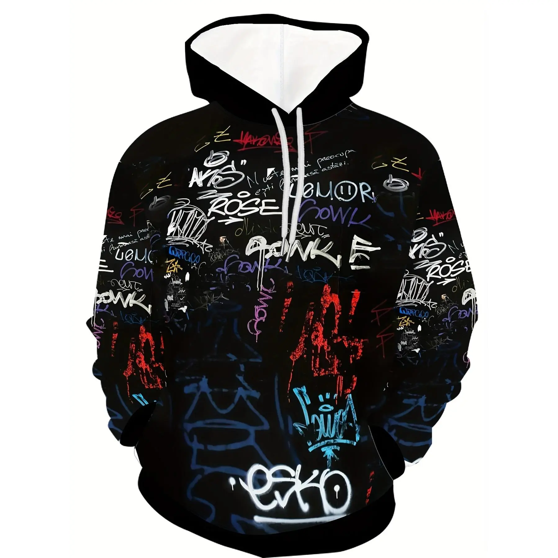 Graffiti graphic print hoodie, for men, with kangaroo pocket, casual style, long sleeve, hooded shirt, suitable for outdoor activities