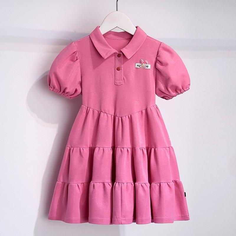 Váy mùa hè bé gái 3-14 tuổi, váy trẻ em, váy polo ngắn tay màu hồng phong cách đại học cho bé gái vừa và lớn