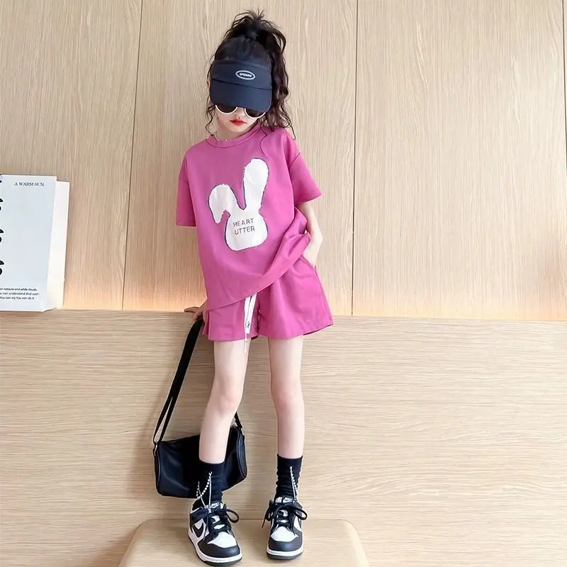 Girls' Summer Suits 2024 New Girls' Sports Summer Children Children and Teens Short Sleeve Fashionable Stylish Two-Piece Set