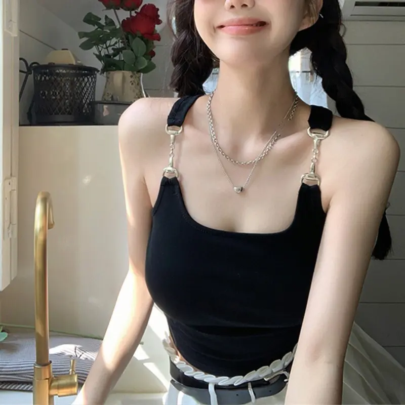 Mẫu mới 2IN1 (Tặng Kèm 10 miếng dán ngực) - Áo bra croptop dây vai phối dây xích thời trang có sẵn đệm không cần mặc thêm áo lót Nữ Women Thun Dáng Ngắn Màu Đen