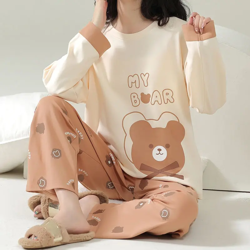Bộ Đồ Ngủ Cotton, Dành Cho Nữ, Bộ Đồ Dài Tay, Thích Hợp Cho Mùa Xuân Và Mùa Thu, Thiết Kế Hoạt Hình, Thích Hợp Cho Mùa Đông Và Mùa Hè, Dáng Rộng Vừa Vặn, Có Thể Mặc Ngoài Đồ Mặc Nhà