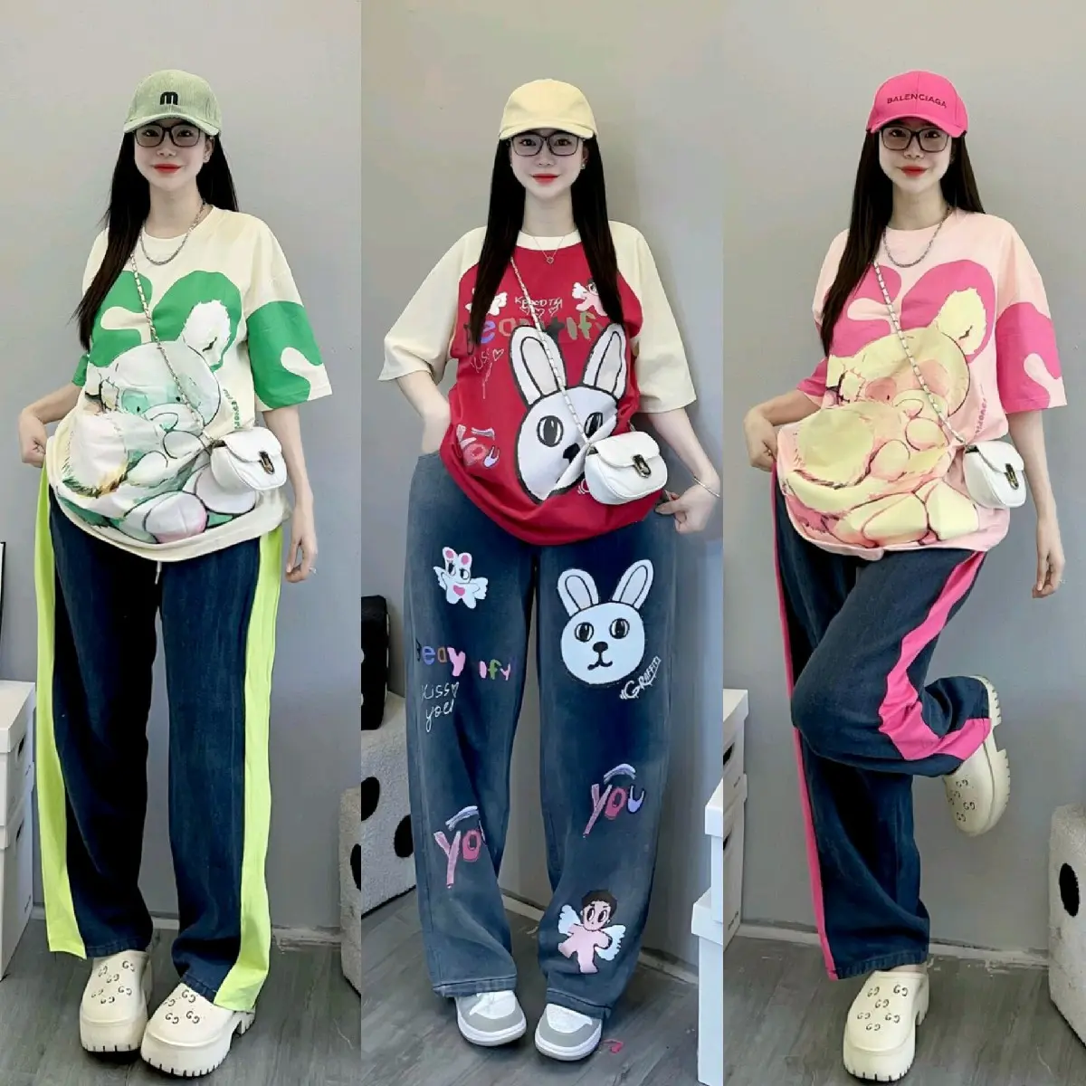 Bigsize 60-90kg Set bộ thun cottong phối jean in hình cho nữ, Bộ đồ áo thun in hình cổ tròn + quần bò suông dài lưng thun in hình- Nhyy Shop