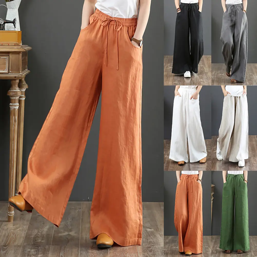 gngingy Women Vintage Causal Cotton Linen High Waist Pants Mopping Straight Trousers