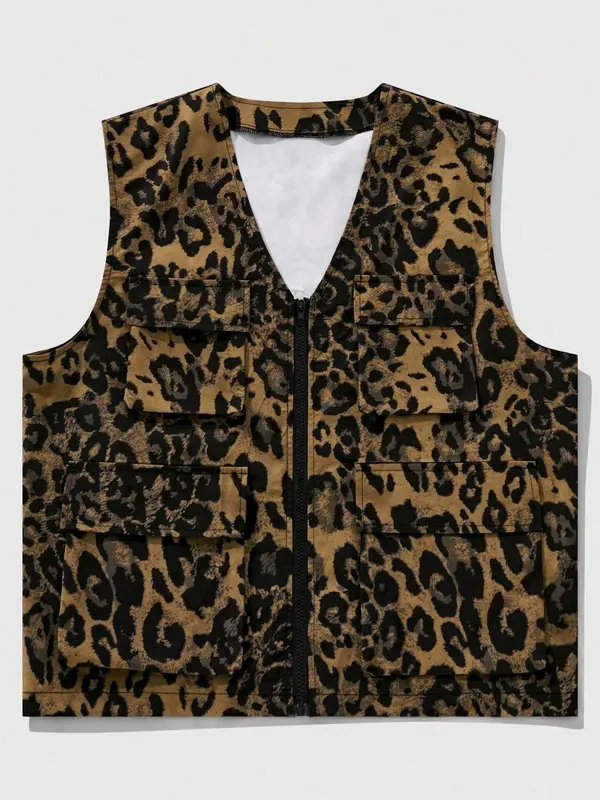 Men's Leopard Print Zip Up Vest Jacket, Regular Fit Casual Pocket Design Sleeveless Outerwear for Outdoor Hiking Camping, Fashion Men's Clothes for Summer, Menswear 6