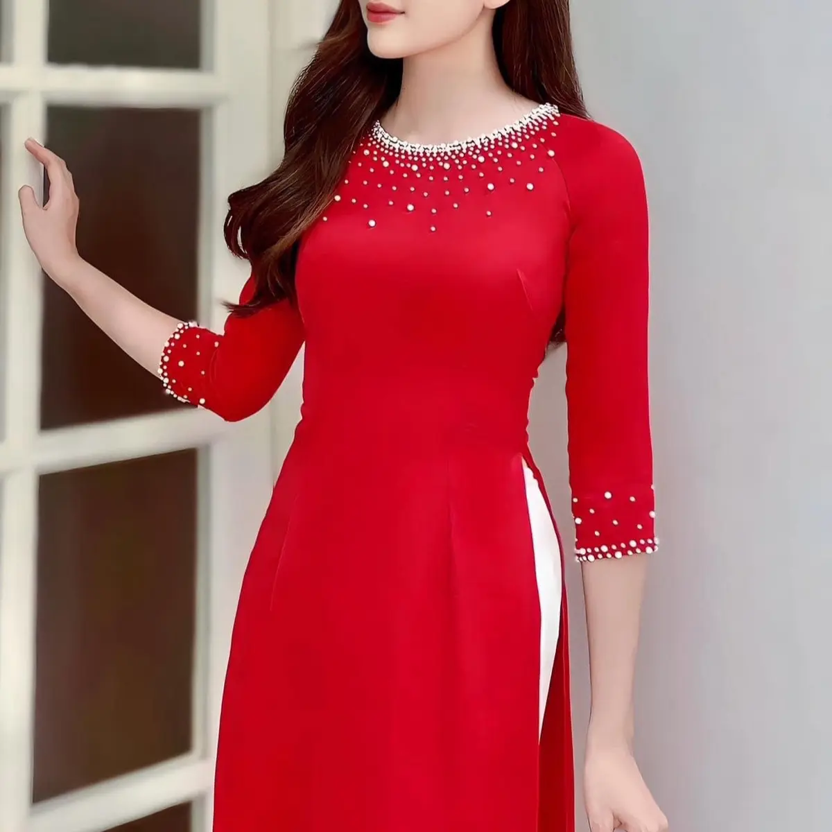 ￼Áo dài lụa Tây thi kết hạt xinh,cổ tròn,tay lỡ Nữ - Áo Dài Ngọc Hoa