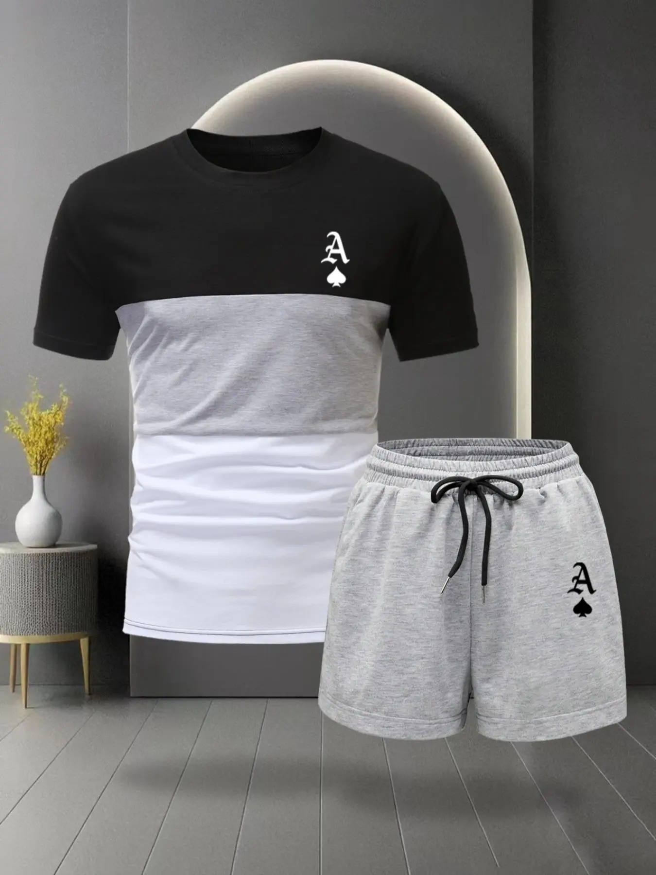 Men's Colorblock Letter Print Tee & Drawstring Waist Shorts Two-Piece Set, Regular Fit Round Neck Short Sleeve T-Shirt & Shorts, Casual Summer Clothes Set for Outdoor