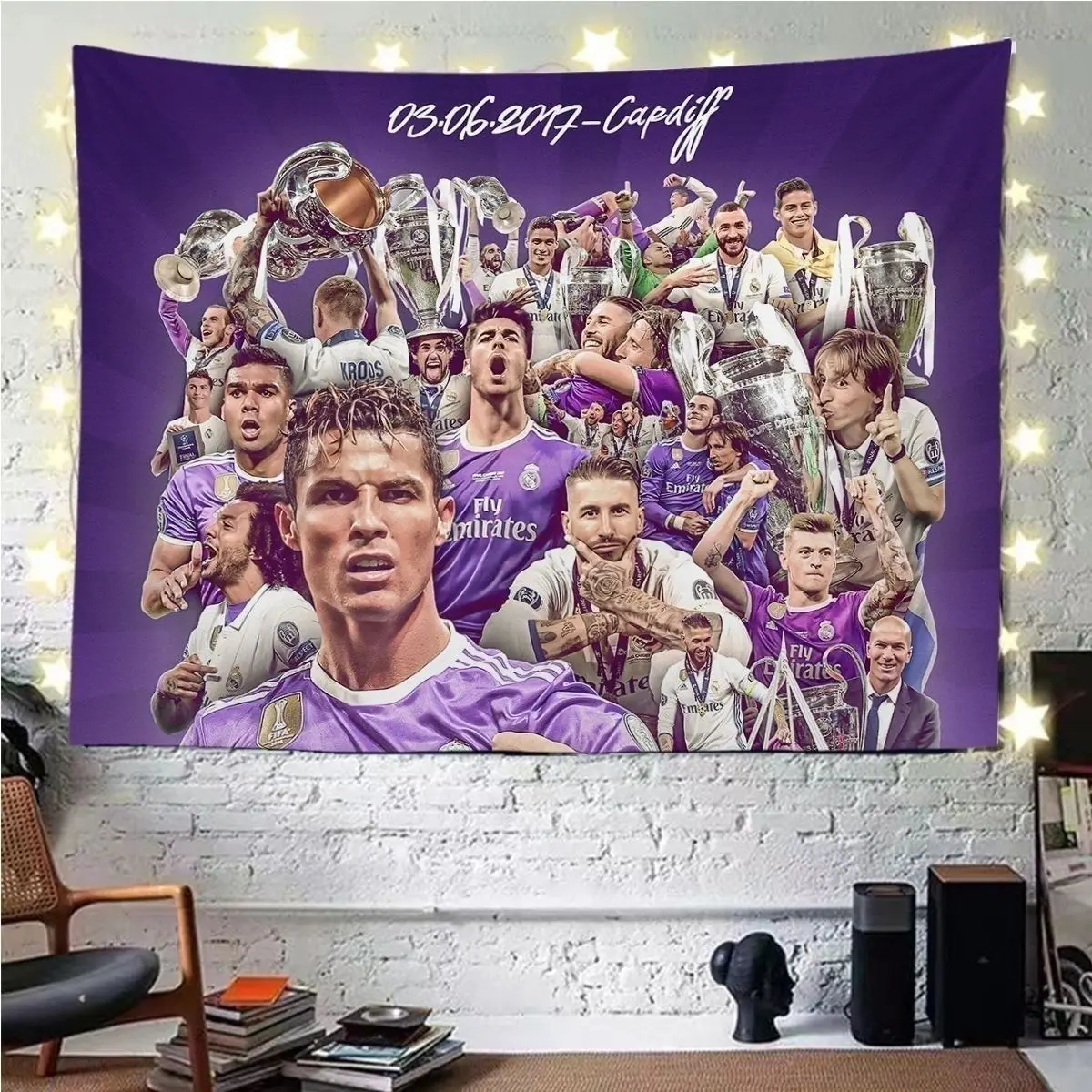 ผ้าพื้นหลังฟุตบอล, การออกแบบ Real Madrid, ภาพกลุ่มดาวแชมเปียนส์ลีก, ผ้ามหัศจรรย์โรนัลโด้, เหมาะสำหรับห้องหอพักและตกแต่งหัวและเตียง, พรม