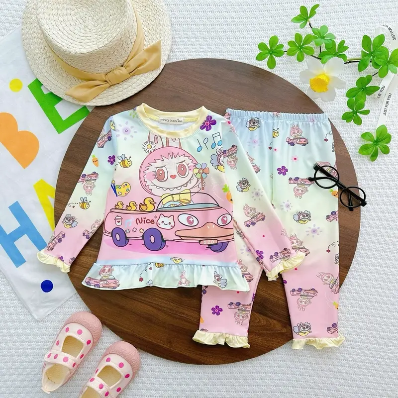 FREESHIP- Bộ Dài Tay Cho Bé Gái Thun Lạnh 3D MINKOJ BABY Cho Bé Từ 7-30kg In Hoạt Hình LABUBU Chất Co Giãn 4 chiều mềm 3
