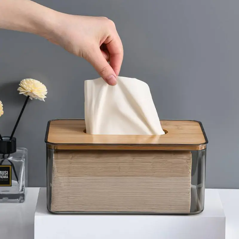 Clear Tissue Box with Wooden Lid, 1 Count Modern Simple Tissue Storage Box, Dustproof Tissue Holder, Home Organizer for Living Room Bedroom Office 3