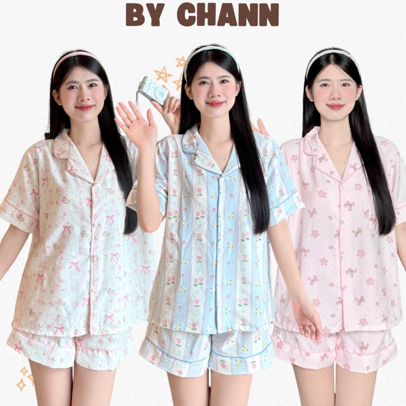 Bộ Đồ Ngủ BY CHANN (Bộ Viền Cộc SP03) áo cộc quần dài, họa tiết dễ thương phối viền màu, chất liệu đũi mềm