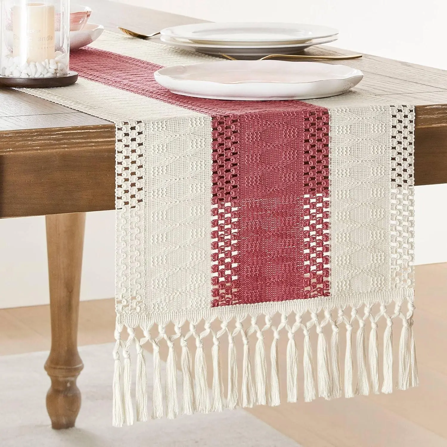 Bohemian Style Table Runner, Colorblocked Table Flag with Tassel, Table Decoration for Home Kitchen Dining Room, Home Decor
