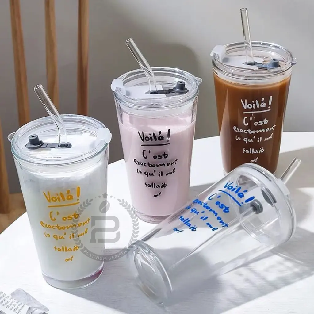 Tumbler glass aesthetic 450ml Gelas Minum Kopi Anti Panas Kaca Dengan Sedotan Silikon Simple Elegan Milk Cup Kekinian