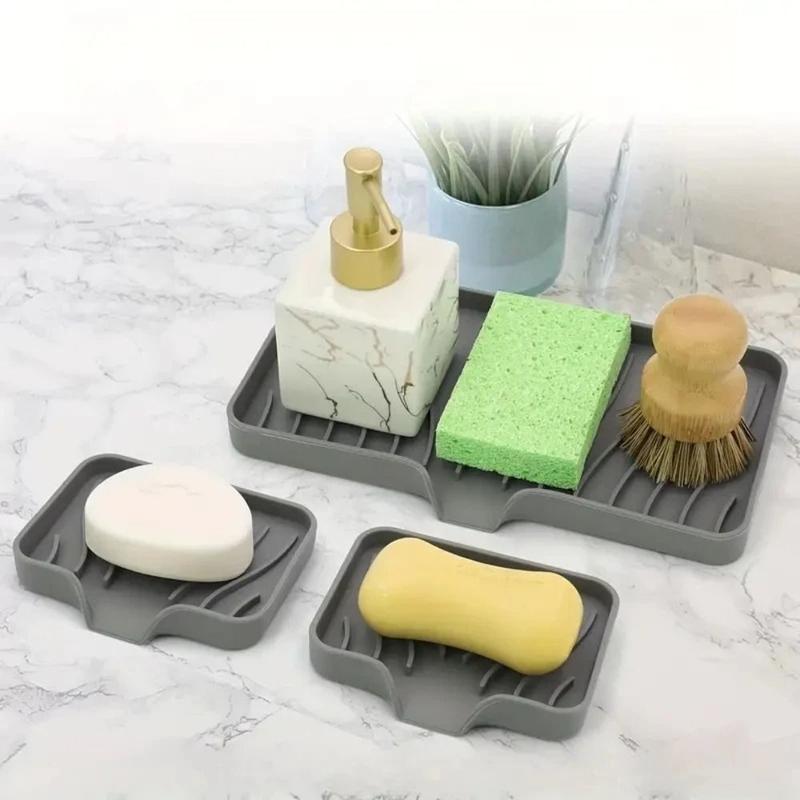 Product Introduction of Durable Soap Dish Sink Silicone Tray Self Draining Tray Kitchen Organizer Sponge Storage Holder Countertop Sink Bathroom Gadget Soap Storage Rack Home Decor 13