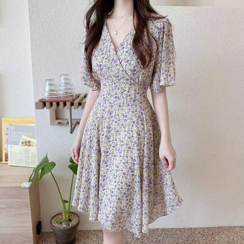 Đầm hoa Pháp lãng mạn cho phụ nữ, đầm tay ngắn mùa hè vừa vặn với eo, tươi mát và ngọt ngào