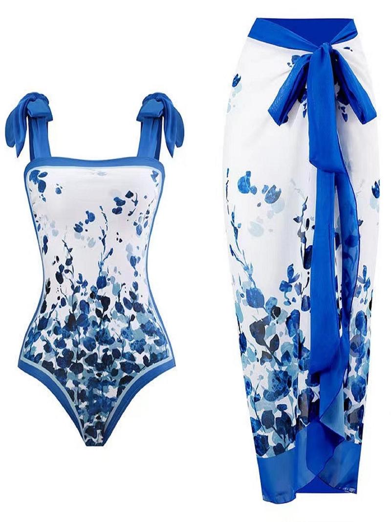Product Introduction of Women's All Over Print Knot Swimsuit Set, Boho Wrap Skirt & Sleeveless Bodysuit, Chic Swimwear For Beach Vacation, Bikini Sets, Ladies Summer Clothes 7