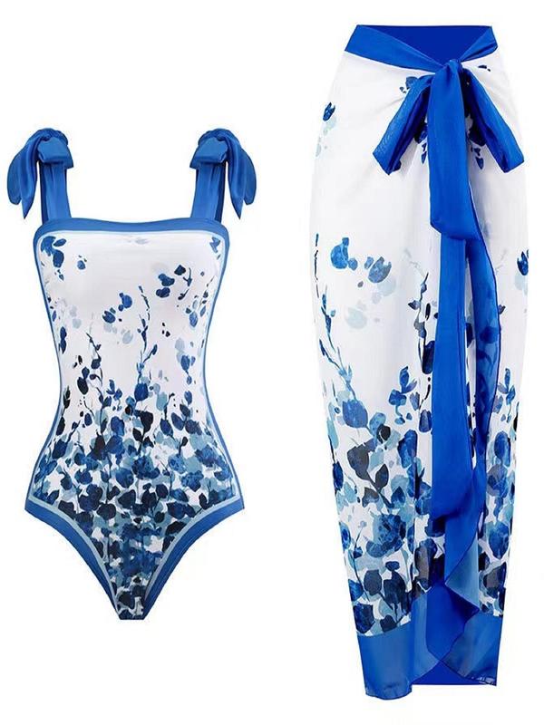 Women's All Over Print Knot Swimsuit Set, Boho Wrap Skirt & Sleeveless Bodysuit, Chic Swimwear For Beach Vacation, Bikini Sets, Ladies Summer Clothes 2