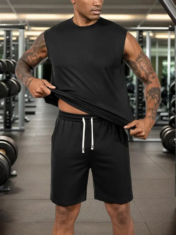 Two-Piece Set Men's Solid Tank Top & Drawstring Waist Shorts Set, Regular Fit Sleeveless Top & Shorts, Casual Summer Clothes Set for Men 0