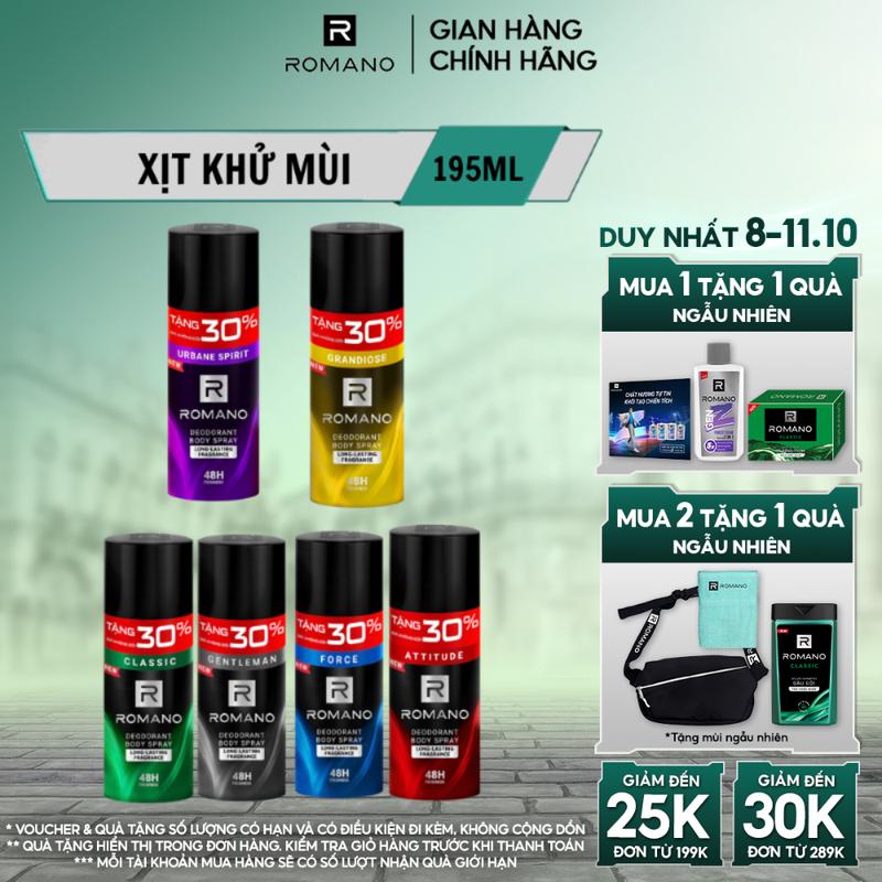 [THÊM 30% GIÁ KHÔNG ĐỔI] Xịt khử mùi toàn thân ngăn mồ và mùi cơ thể Dưỡng Body cho nam Romano Attitude/ Gentleman/ Force/Classic