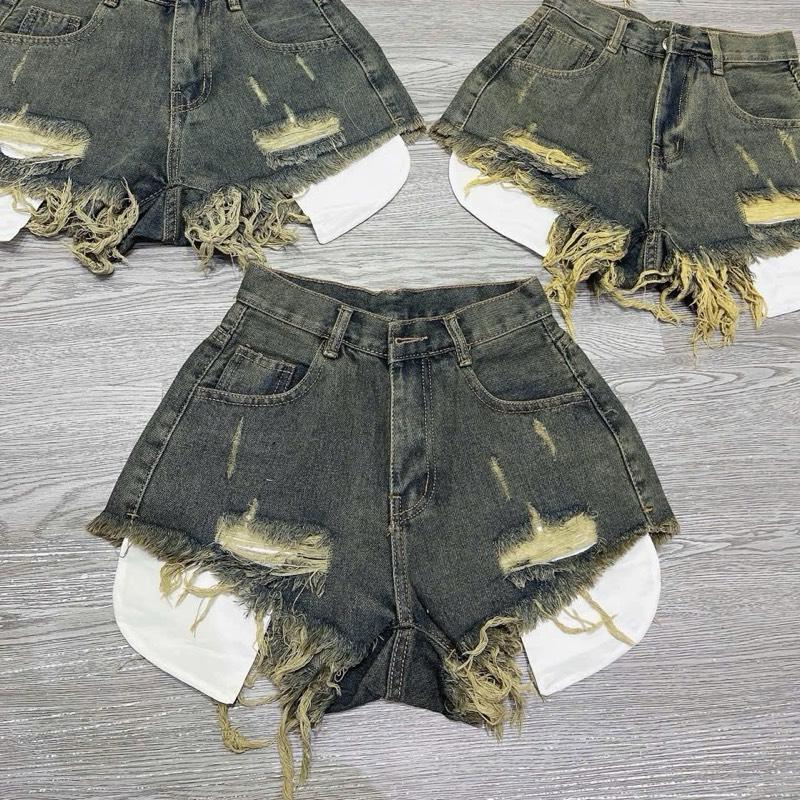Quần short đùi jean nữ lòi túi vải dù xanh bụi - T0L