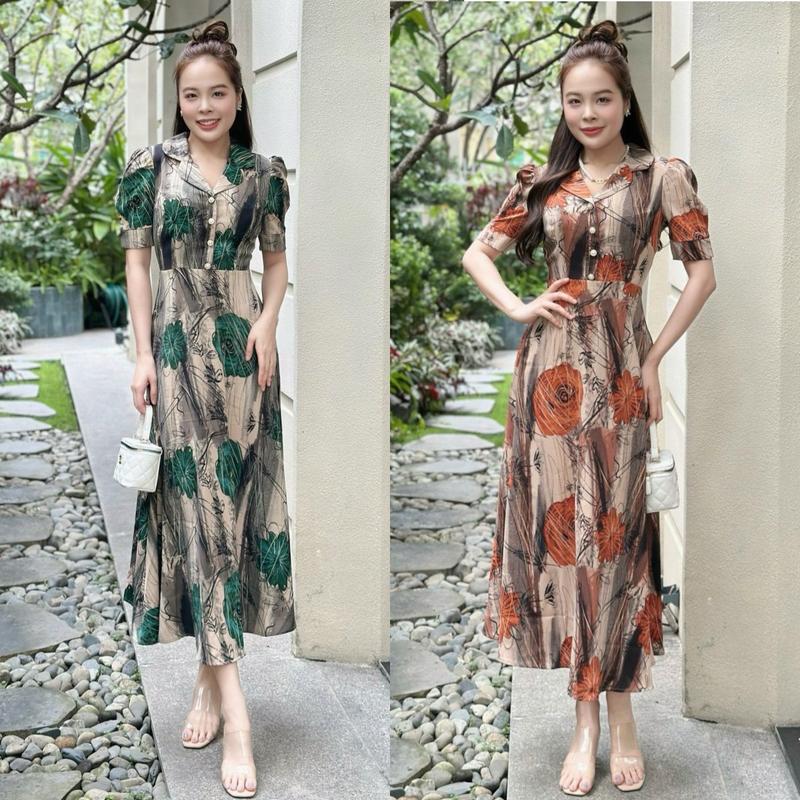 Đầm maxi họa tiết, form dài cổ sen, đính nút, tay phồng - GR0301 (Hình thật shop chụp)