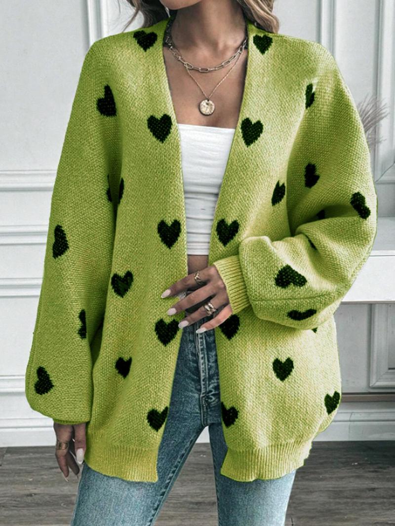 Product Introduction of Women's Heart Print Bishop Sleeve Cardigan, Valentine's Day Casual Long Sleeve Open Front Knitwear for Spring & Fall,  Cardigans for Women, Fashion Women's Knit Clothing for Daily Wear, Gift 6