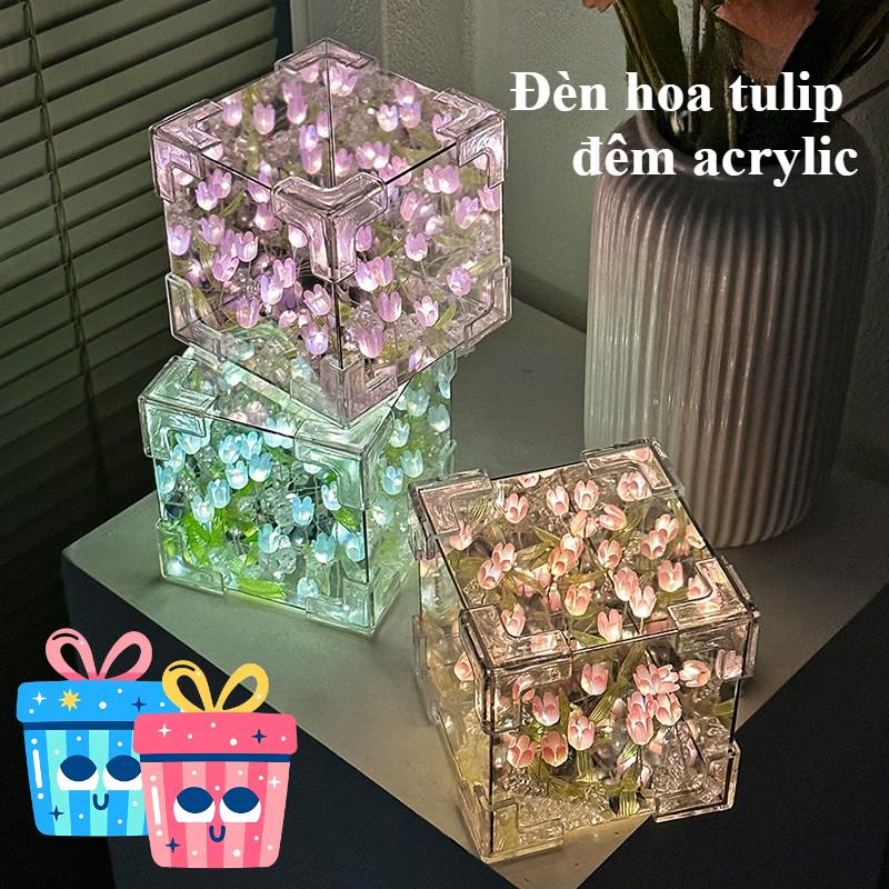  Hộp Đèn Ngủ Hoa Tulip Handmade 10*10cm,DIY Hình Khối Rubik Dễ Thương,Làm Quà Tặng Dễ Thương 