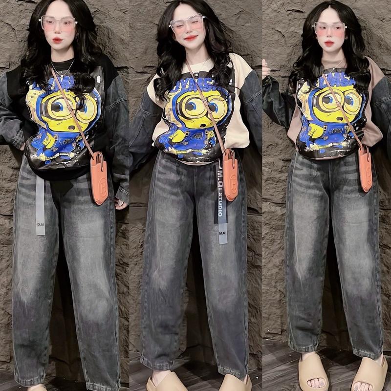 SÉT BỘ TAY DÀI ÁO THUN TAY PHỐI JEAN HÌNH mini on vàng phối quần jean baggy nữ lưng thun fom rộng - Tuhaodobo Women Top Nhung Nâu