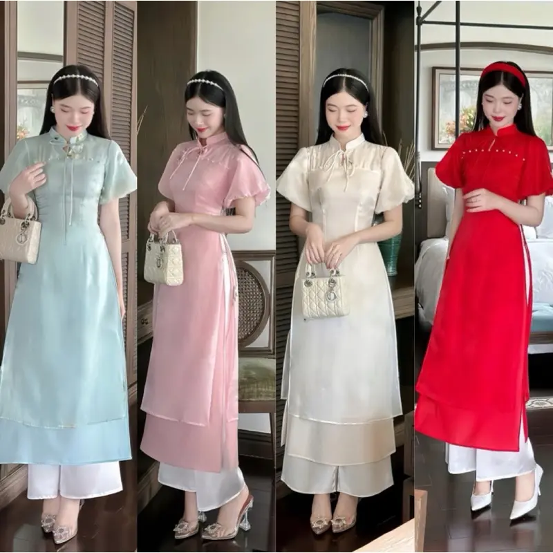 Áo dài cách tân đính ngọc tay bồng chất tơ nến mềm mịn 2 lớp kèm quần màu hồng be đỏ xanh đi chơi dự tiệc kỷ yếu tết, EYE 2T