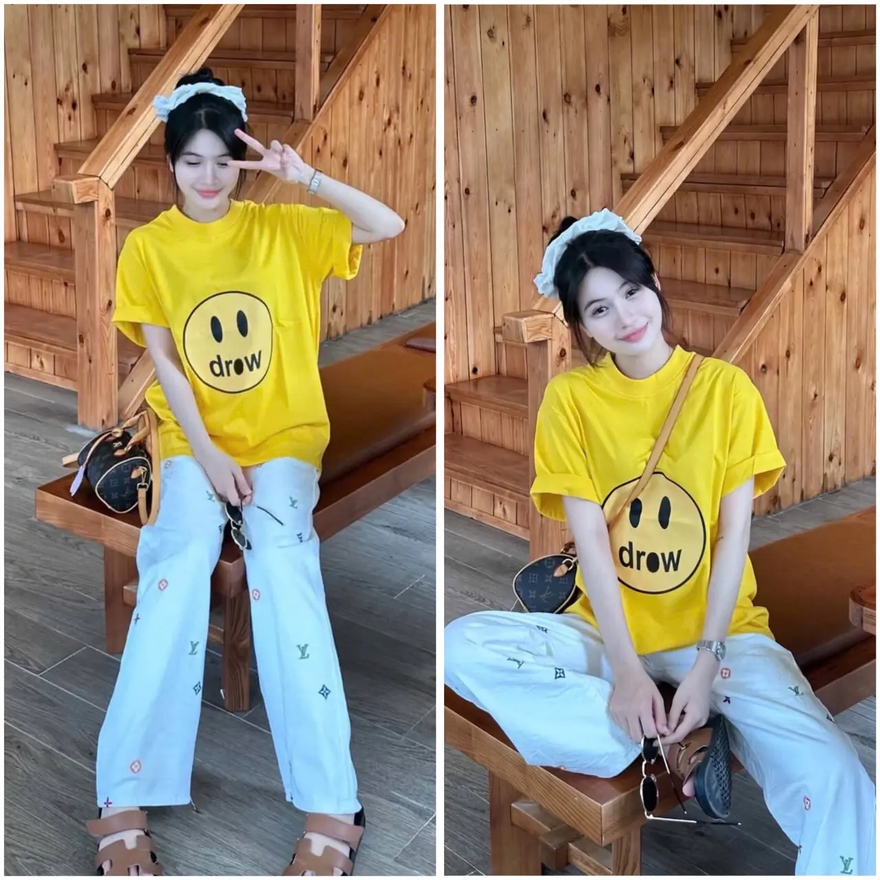 AO THUN NỮ UNISEX FORM RỘNG MÀU VÀNG TƯƠI HOẠ TIẾT DROW COTTON - ÁO THUN NỮ