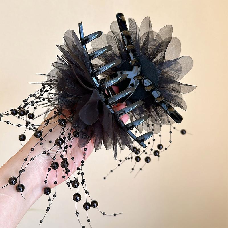 Product Introduction of Fashion Black Mesh Flower Hair Clip Women Shark Ponytail Clip Headdress Temperament Flower Hair Claw Headwear 16