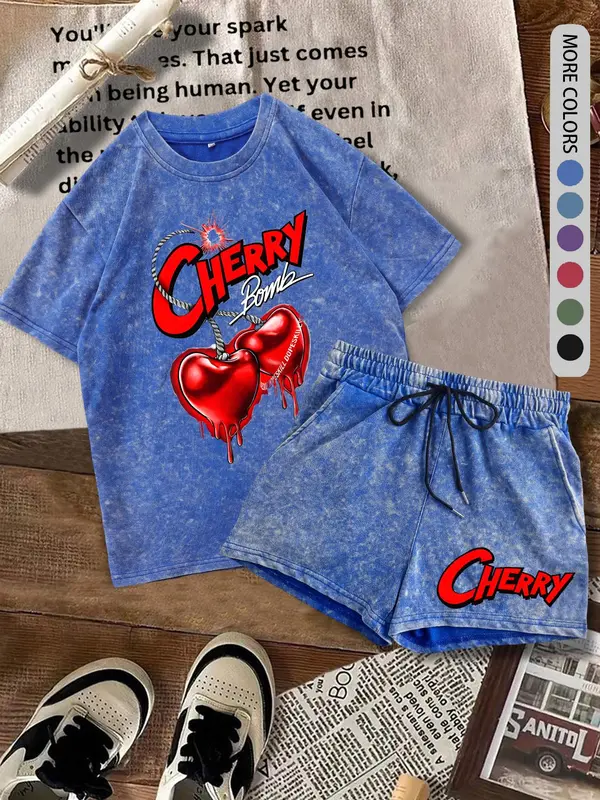 Two-piece Set Women's Cherry Print Tee & Shorts, Casual Round Neck Short Sleeve T-shirt & Shorts, Ladies Summer Clothes for Daily Wear, Suits, Womenswear 5