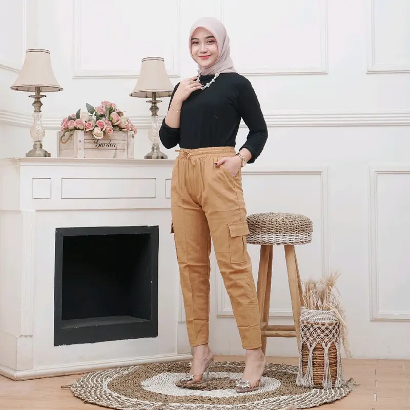 CELANA CARGO WANITA LINEN CRINKLE PREMIUM Karet Panjang Basic Katun 6